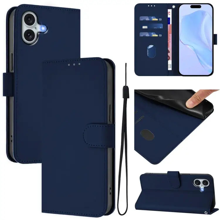 Skin Feel Solid Color Leather Phone Case with Lanyard For iPhone 15 Plus - For iPhone 16 Plus / Navy Blue - Apple