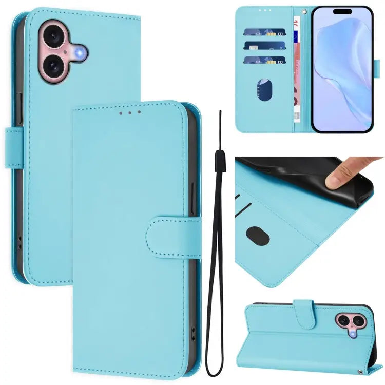 Skin Feel Solid Color Leather Phone Case with Lanyard For iPhone 15 - For iPhone 16 / Sky Blue - Apple Accessories