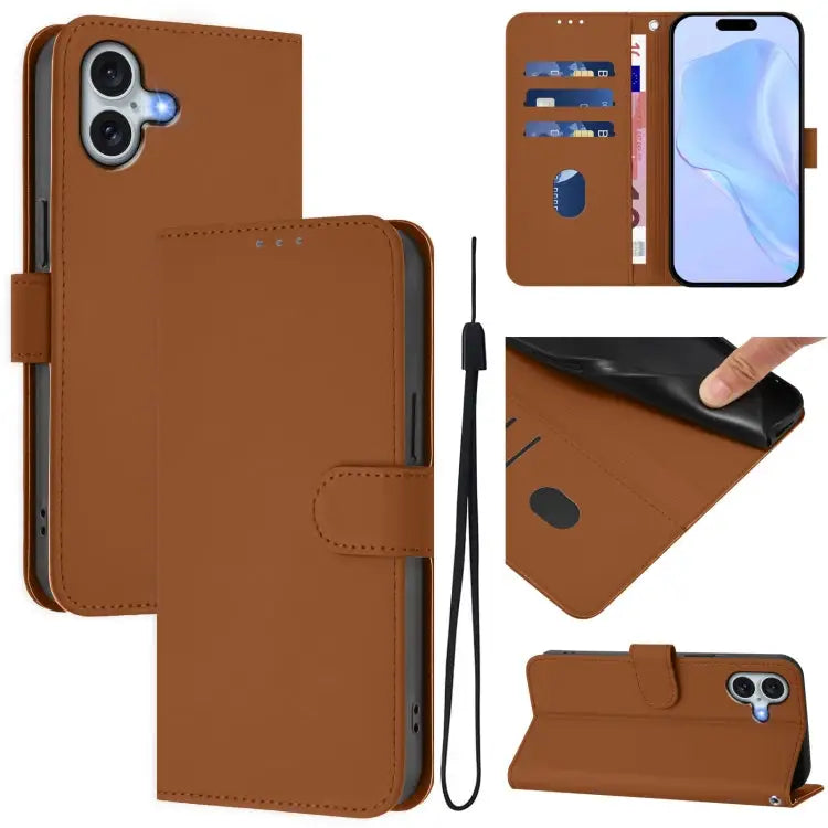 Skin Feel Solid Color Leather Phone Case with Lanyard For iPhone 15 Plus - For iPhone 16 Plus / Brown - Apple