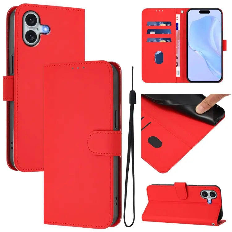 Skin Feel Solid Color Leather Phone Case with Lanyard For iPhone 15 Plus - For iPhone 16 Plus / Red - Apple Accessories