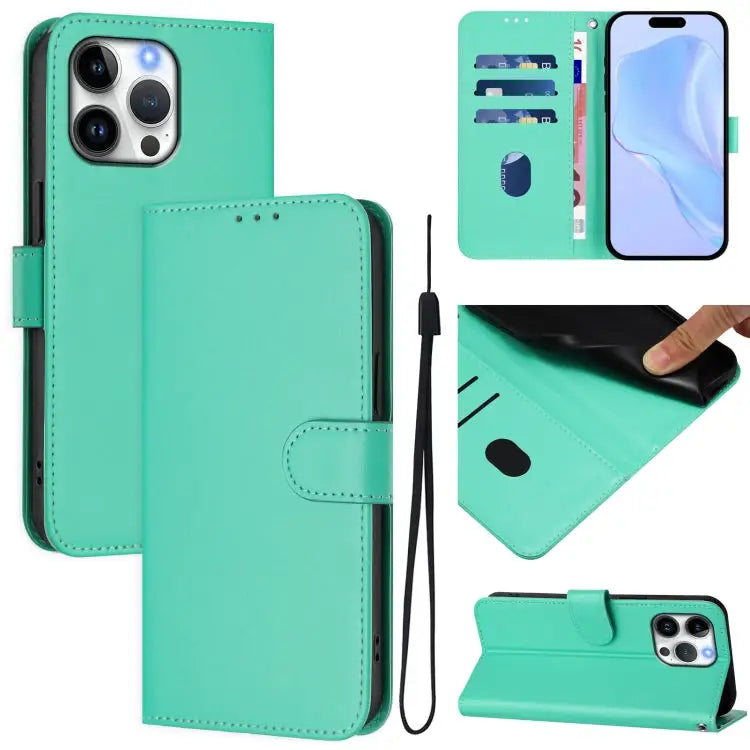 Skin Feel Solid Color Leather Phone Case with Lanyard For iPhone 15 Pro Max - For iPhone 16 Pro Max / Green - Apple