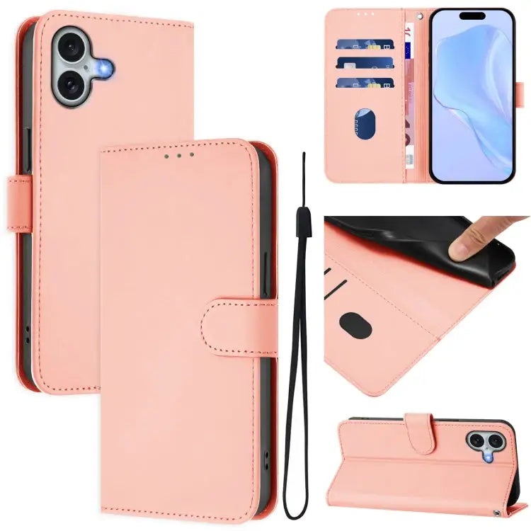 Skin Feel Solid Color Leather Phone Case with Lanyard For iPhone 15 Plus - For iPhone 16 Plus / Pink - Apple Accessories