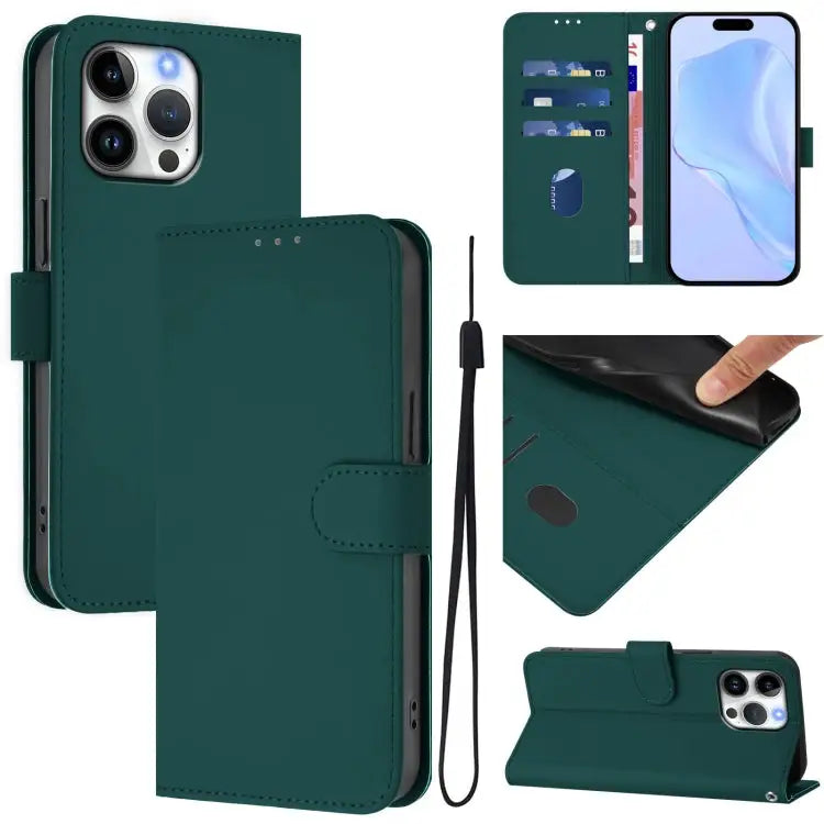 Skin Feel Solid Color Leather Phone Case with Lanyard For iPhone 15 Pro Max - For iPhone 16 Pro Max / Dark Green