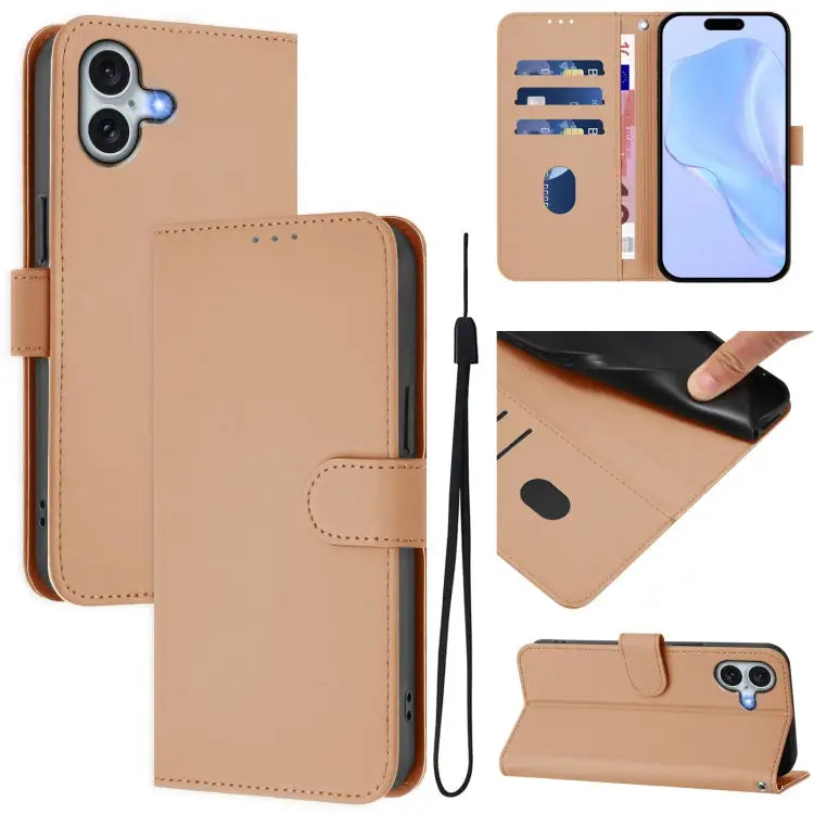 Skin Feel Solid Color Leather Phone Case with Lanyard For iPhone 15 Plus - For iPhone 16 Plus / Nude - Apple Accessories