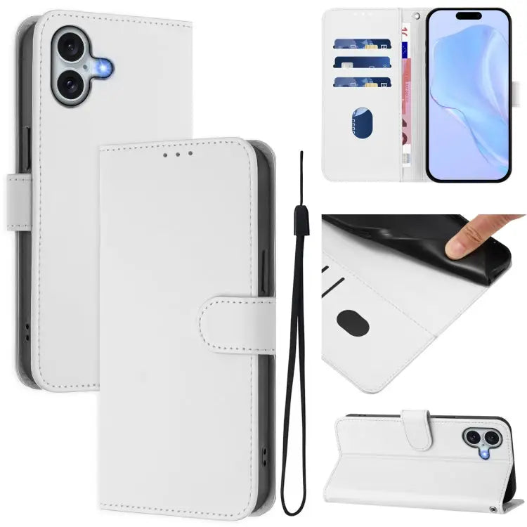Skin Feel Solid Color Leather Phone Case with Lanyard For iPhone 15 Plus - For iPhone 16 Plus / White - Apple