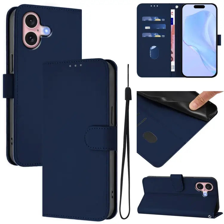 Skin Feel Solid Color Leather Phone Case with Lanyard For iPhone 15 - For iPhone 16 / Navy Blue - Apple Accessories