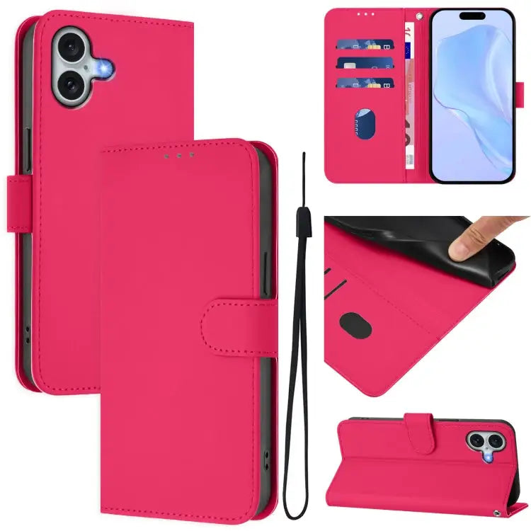 Skin Feel Solid Color Leather Phone Case with Lanyard For iPhone 15 Plus - For iPhone 16 Plus / Rose Red - Apple
