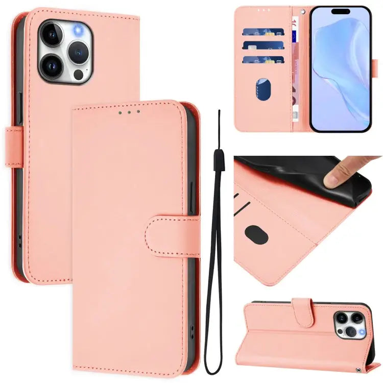 Skin Feel Solid Color Leather Phone Case with Lanyard For iPhone 15 Pro Max - For iPhone 16 Pro Max / Pink - Apple