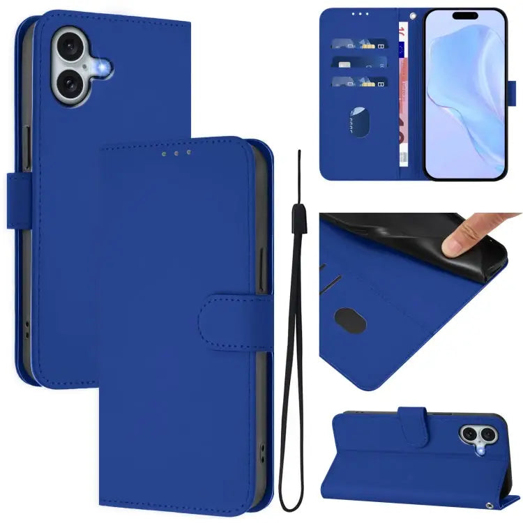 Skin Feel Solid Color Leather Phone Case with Lanyard For iPhone 15 Plus - For iPhone 16 Plus / Dark Blue - Apple