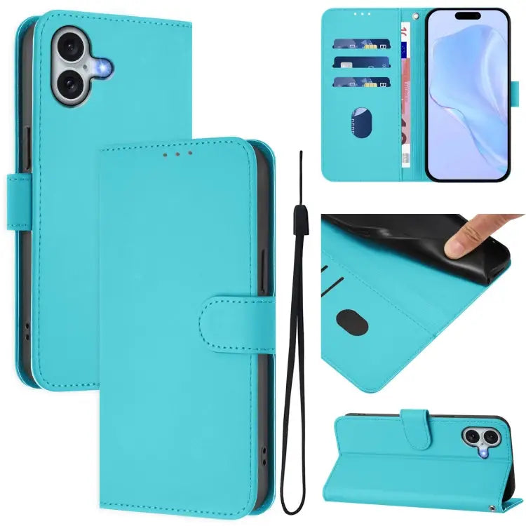 Skin Feel Solid Color Leather Phone Case with Lanyard For iPhone 15 Plus - For iPhone 16 Plus / Lake Blue - Apple