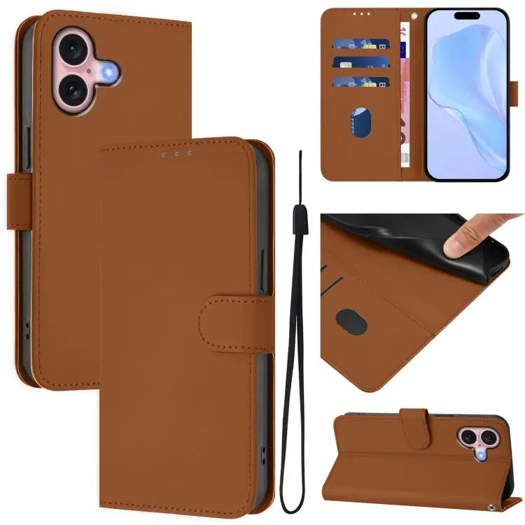 Skin Feel Solid Color Leather Phone Case with Lanyard For iPhone 15 - For iPhone 16 / Brown - Apple Accessories