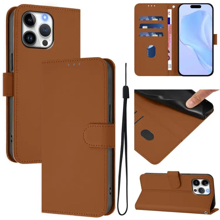 Skin Feel Solid Color Leather Phone Case with Lanyard For iPhone 15 Pro Max - For iPhone 16 Pro Max / Brown - Apple