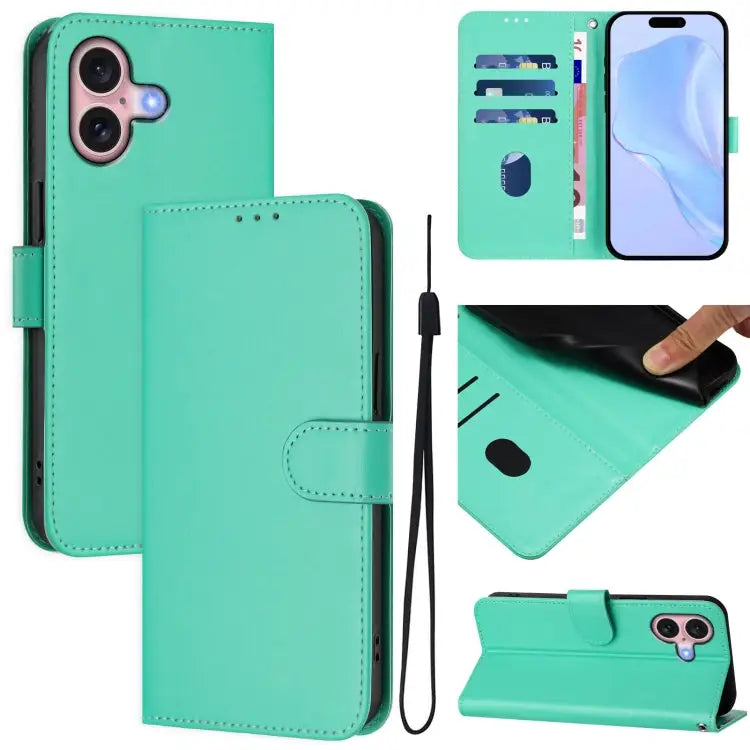 Skin Feel Solid Color Leather Phone Case with Lanyard For iPhone 15 - For iPhone 16 / Green - Apple Accessories