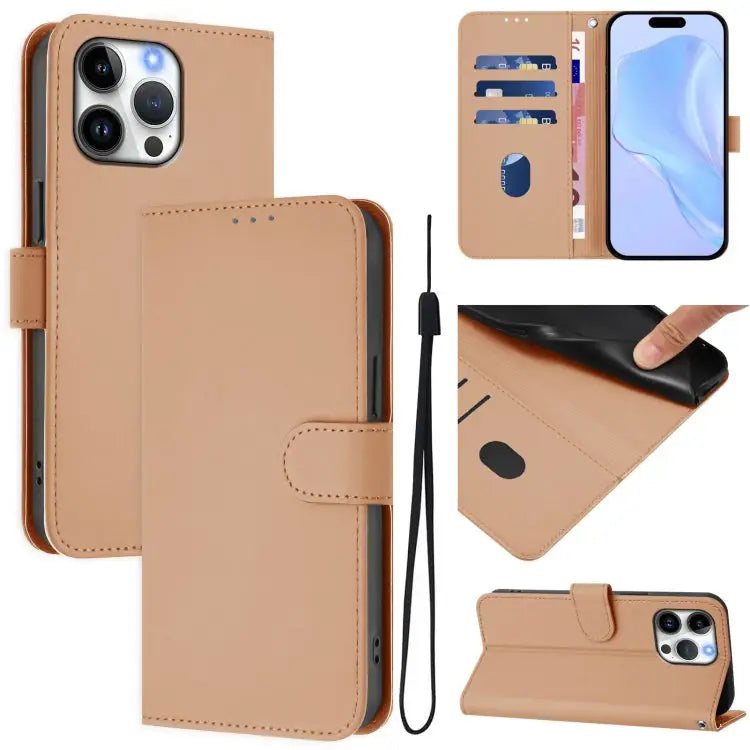 Skin Feel Solid Color Leather Phone Case with Lanyard For iPhone 15 Pro Max - For iPhone 16 Pro Max / Nude - Apple