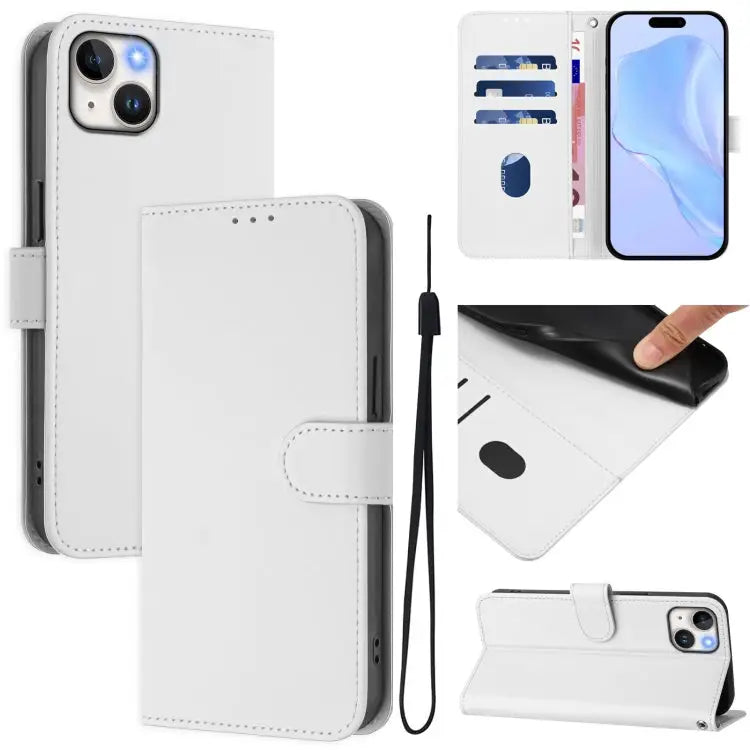 Skin Feel Solid Color Leather Phone Case with Lanyard For iPhone SE 2022 / 2020 - For iPhone 14 Plus / White - Apple