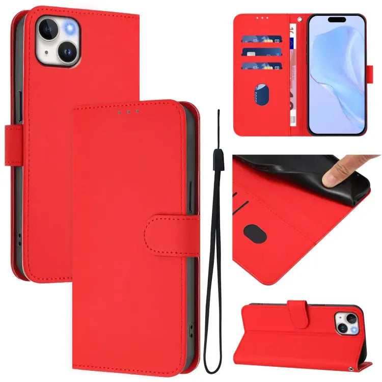 Skin Feel Solid Color Leather Phone Case with Lanyard For iPhone SE 2022 / 2020 - For iPhone 14 Plus / Red - Apple