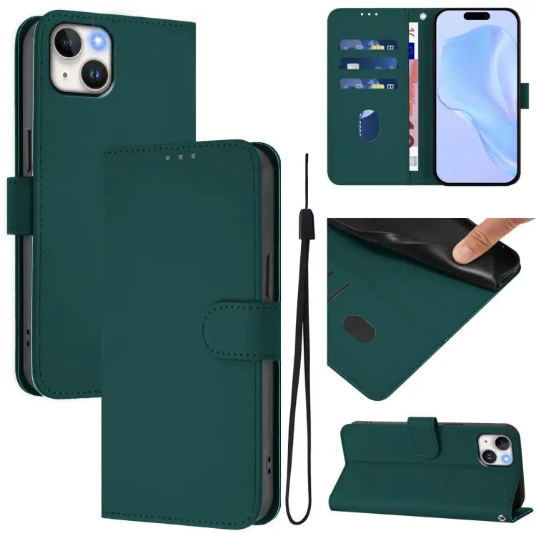 Skin Feel Solid Color Leather Phone Case with Lanyard For iPhone SE 2022 / 2020 - For iPhone 14 Plus / Dark Green
