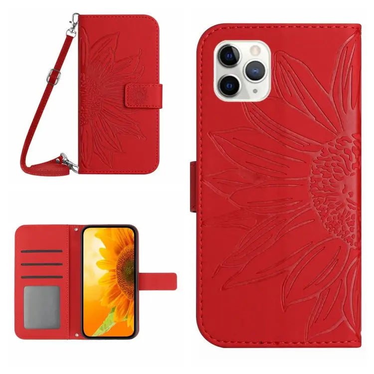 Skin Feel Sun Flower Pattern Flip Leather Phone Case For iPhone 11 For iPhone 11 Pro - For iPhone 11 Pro / Red - Apple