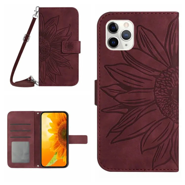 Skin Feel Sun Flower Pattern Flip Leather Phone Case For iPhone 11 For iPhone 11 Pro - For iPhone 11 Pro / Wine Red