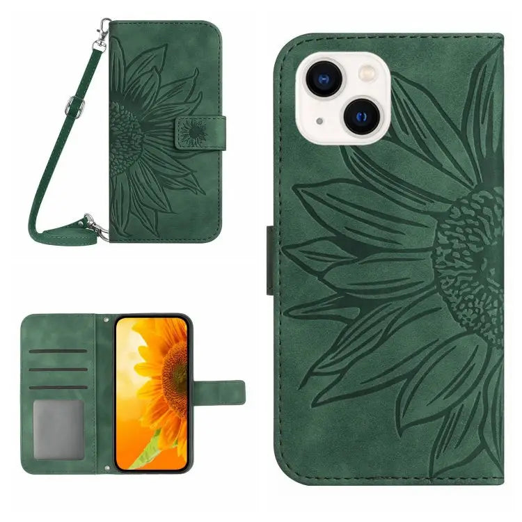 Skin Feel Sun Flower Pattern Flip Leather Phone Case For iPhone 13 For iPhone 13 mini - For iPhone 13 mini / Green