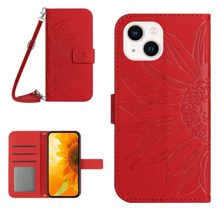 Skin Feel Sun Flower Pattern Flip Leather Phone Case For iPhone 13 For iPhone 13 mini - For iPhone 13 mini / Red