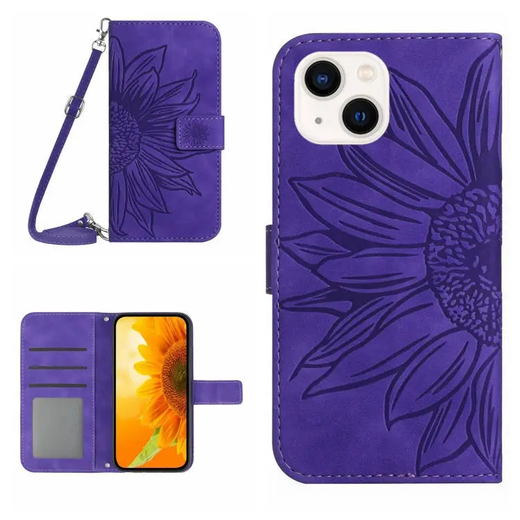 Skin Feel Sun Flower Pattern Flip Leather Phone Case For iPhone 13 For iPhone 13 mini - For iPhone 13 mini / Dark