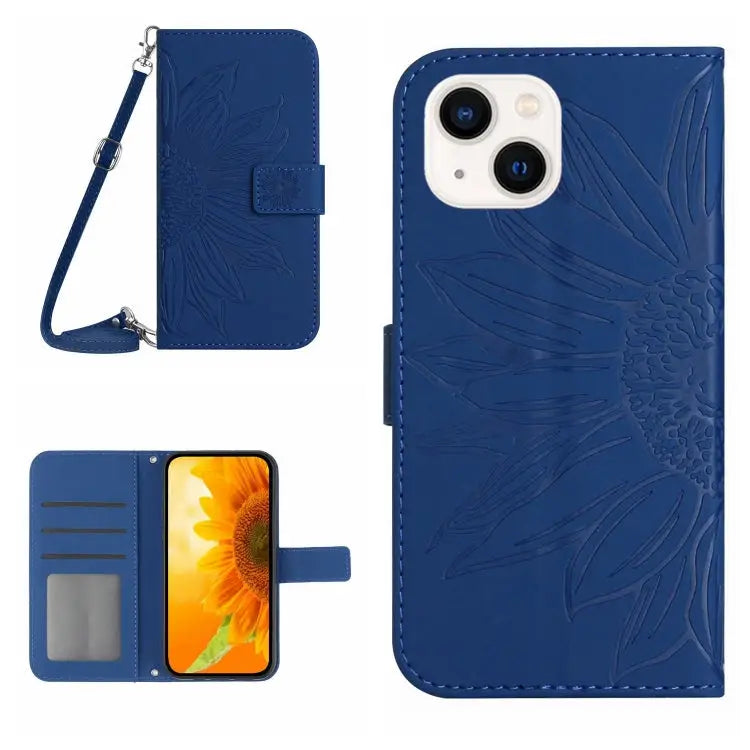 Skin Feel Sun Flower Pattern Flip Leather Phone Case For iPhone 13 For iPhone 13 mini - For iPhone 13 / Dark Blue
