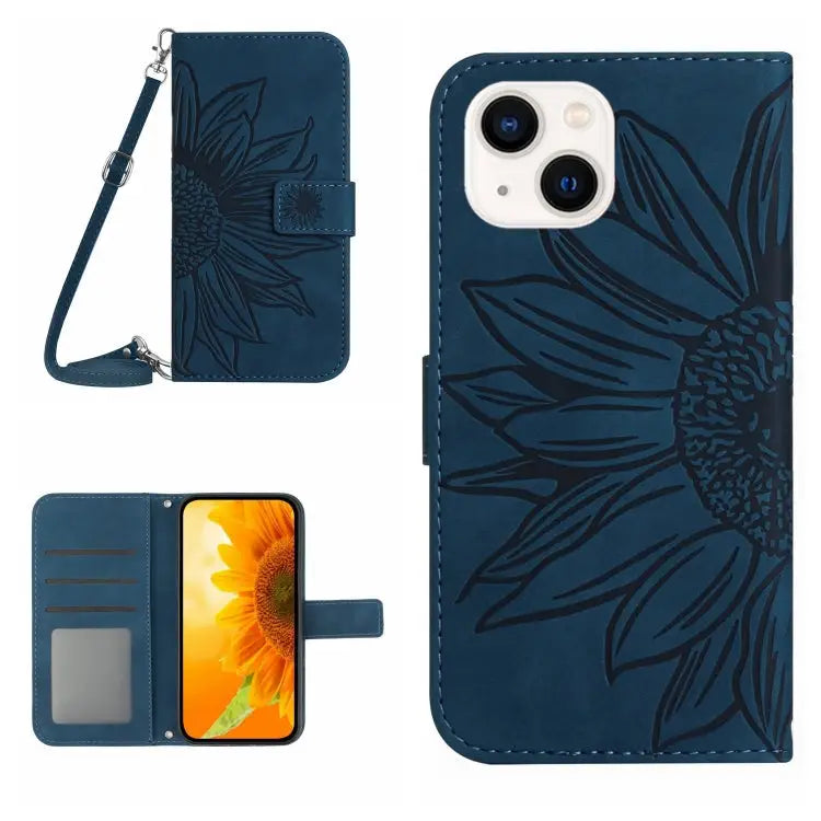 Skin Feel Sun Flower Pattern Flip Leather Phone Case For iPhone 13 For iPhone 13 mini - For iPhone 13 / Inky Blue
