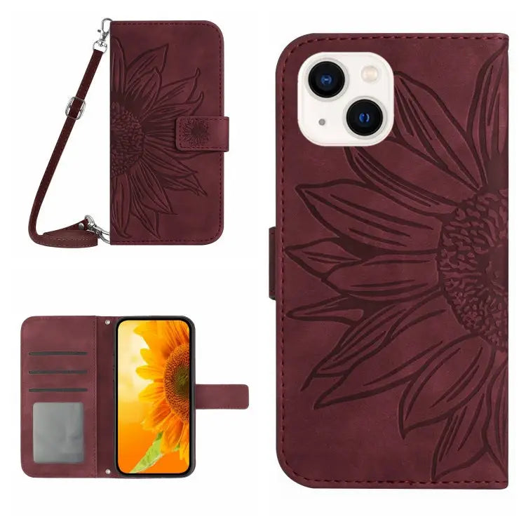 Skin Feel Sun Flower Pattern Flip Leather Phone Case For iPhone 13 For iPhone 13 mini - For iPhone 13 / Wine Red