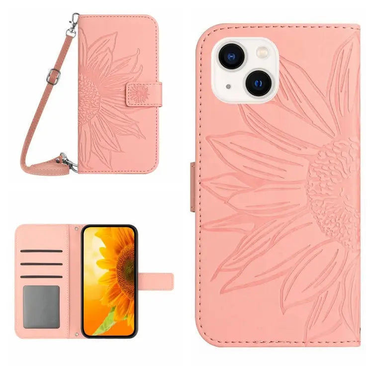 Skin Feel Sun Flower Pattern Flip Leather Phone Case For iPhone 13 For iPhone 13 mini - For iPhone 13 / Pink - Apple