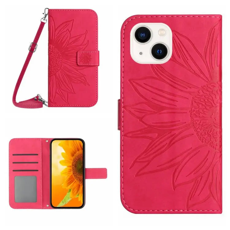 Skin Feel Sun Flower Pattern Flip Leather Phone Case For iPhone 13 For iPhone 13 mini - For iPhone 13 / Rose Red