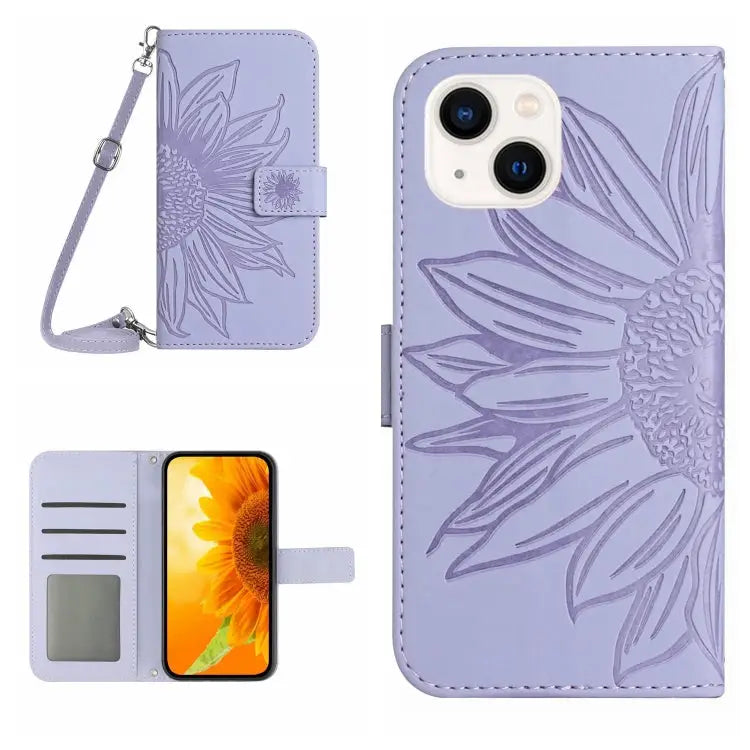 Skin Feel Sun Flower Pattern Flip Leather Phone Case For iPhone 13 For iPhone 13 mini - For iPhone 13 mini / Purple