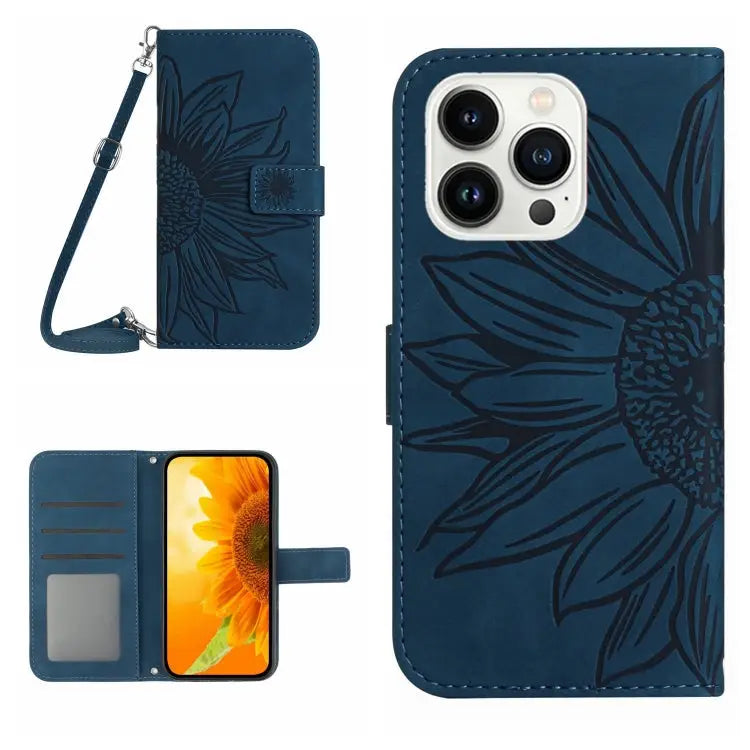 Skin Feel Sun Flower Pattern Flip Leather Phone Case For iPhone 14 Pro For iPhone 14 Pro Max - For iPhone 14 Pro / Inky