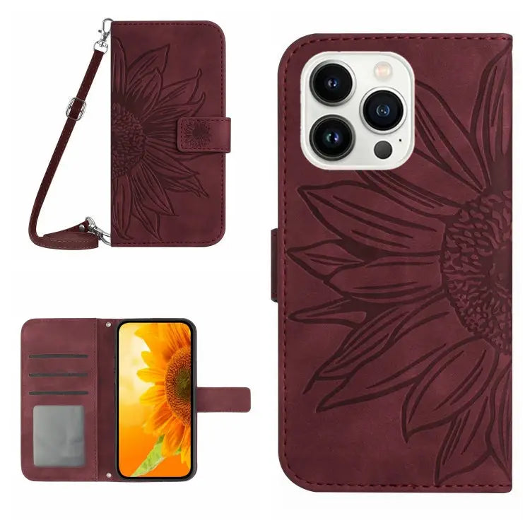 Skin Feel Sun Flower Pattern Flip Leather Phone Case For iPhone 14 Pro For iPhone 14 Pro Max - For iPhone 14 Pro / Wine