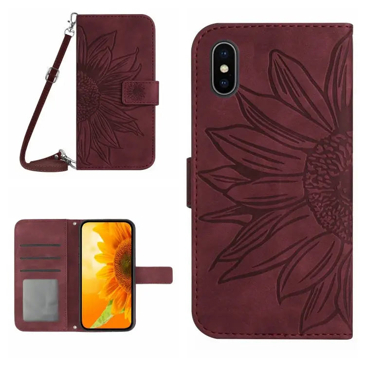Skin Feel Sun Flower Pattern Flip Leather Phone Case For iPhone X / XS For iPhone XR - For iPhone X / XS / Wine Red