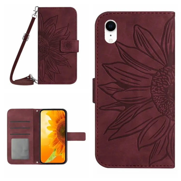 Skin Feel Sun Flower Pattern Flip Leather Phone Case For iPhone X / XS For iPhone XR - For iPhone XR / Wine Red - Apple