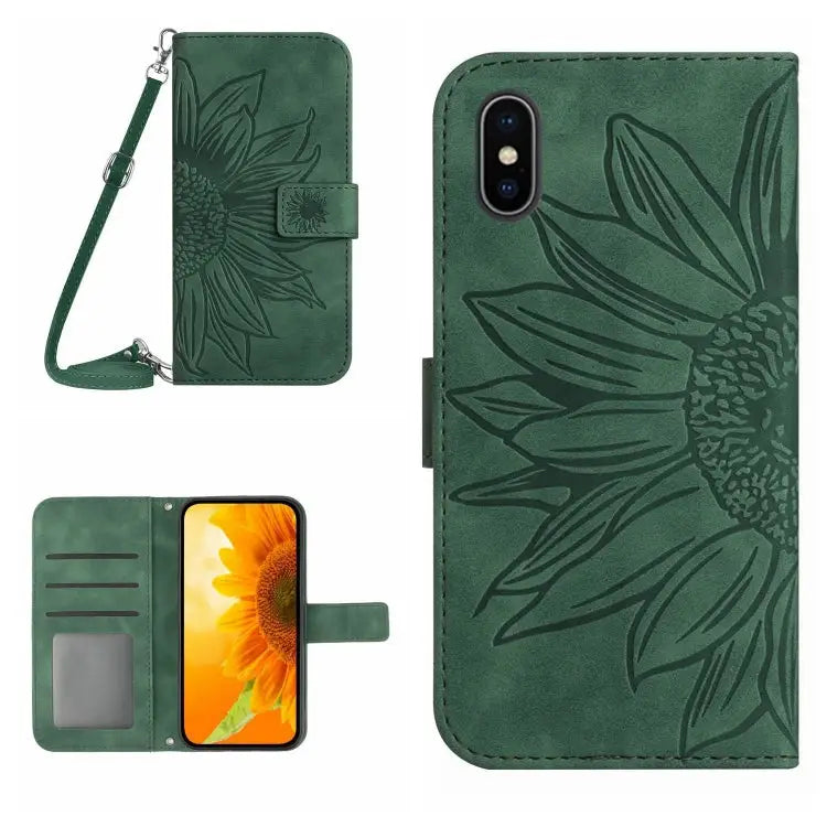 Skin Feel Sun Flower Pattern Flip Leather Phone Case For iPhone XS Max - For iPhone XS Max / Green - Apple Accessories
