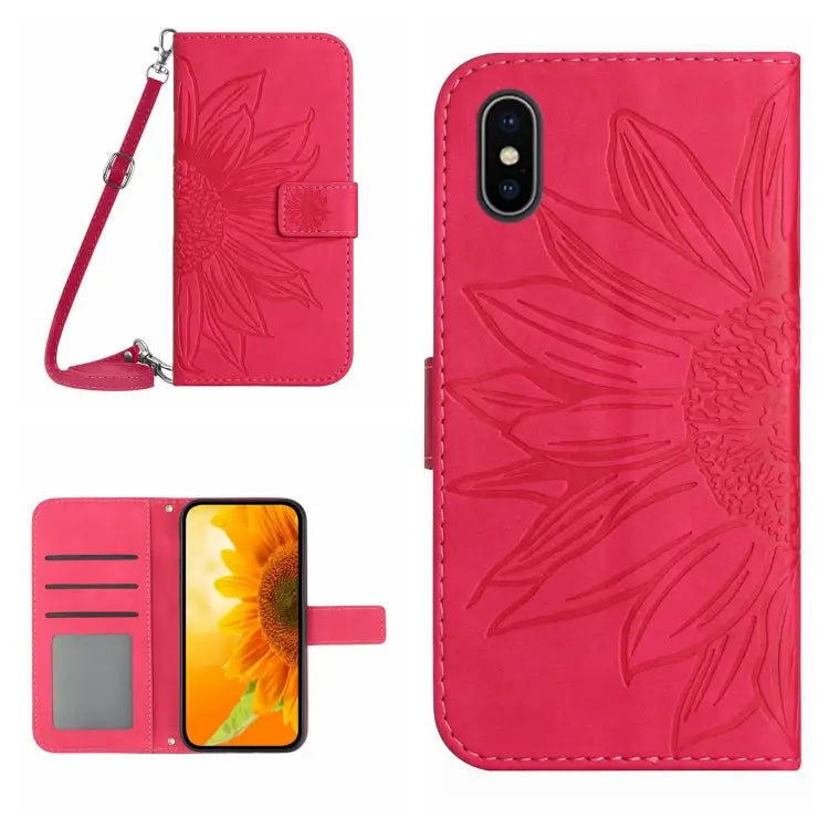 Skin Feel Sun Flower Pattern Flip Leather Phone Case For iPhone XS Max - For iPhone XS Max / Rose Red - Apple