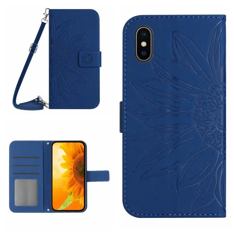 Skin Feel Sun Flower Pattern Flip Leather Phone Case For iPhone XS Max - For iPhone XS Max / Dark Blue - Apple