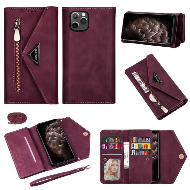 Skin Feel Zipper Horizontal Flip Leather Case with Holder & Card Slots & Photo Frame & Lanyard & Long Rope For iPhone