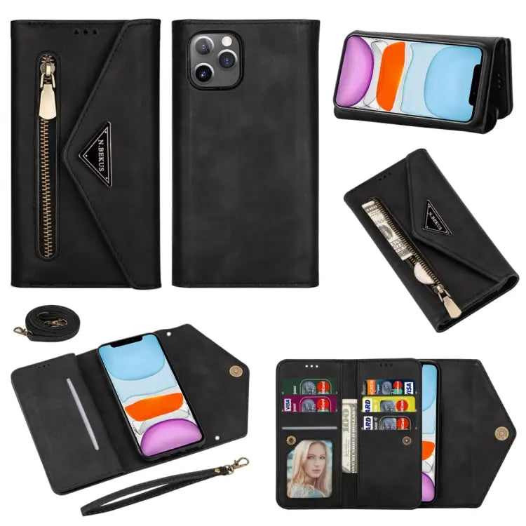 Skin Feel Zipper Horizontal Flip Leather Case with Holder & Card Slots & Photo Frame & Lanyard & Long Rope For iPhone