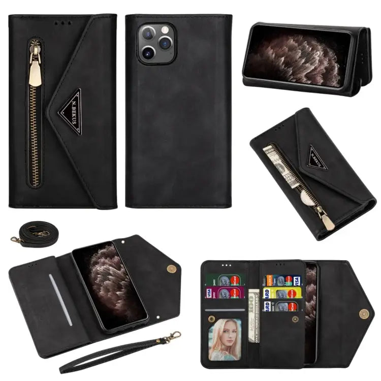 Skin Feel Zipper Horizontal Flip Leather Case with Holder & Card Slots & Photo Frame & Lanyard & Long Rope For iPhone