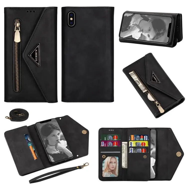 Skin Feel Zipper Horizontal Flip Leather Case with Holder & Card Slots & Photo Frame & Lanyard & Long Rope For iPhone