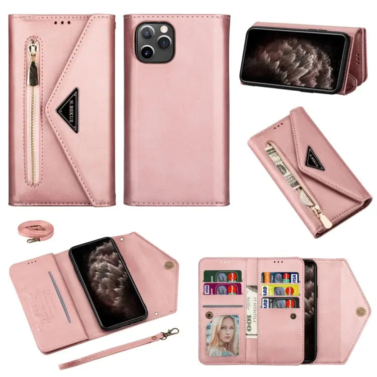 Skin Feel Zipper Horizontal Flip Leather Case with Holder & Card Slots & Photo Frame & Lanyard & Long Rope For iPhone