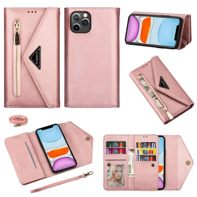 Skin Feel Zipper Horizontal Flip Leather Case with Holder & Card Slots & Photo Frame & Lanyard & Long Rope For iPhone