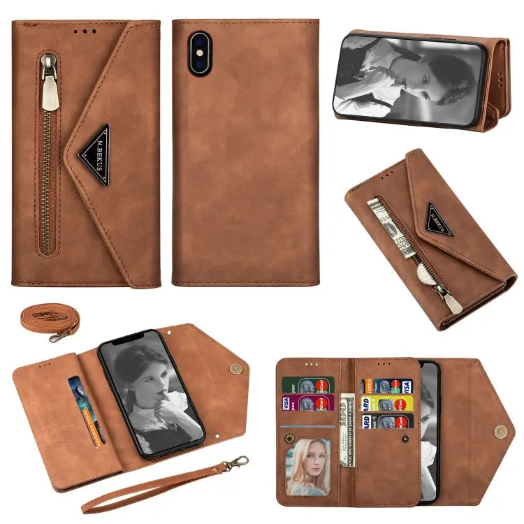 Skin Feel Zipper Horizontal Flip Leather Case with Holder & Card Slots & Photo Frame & Lanyard & Long Rope For iPhone