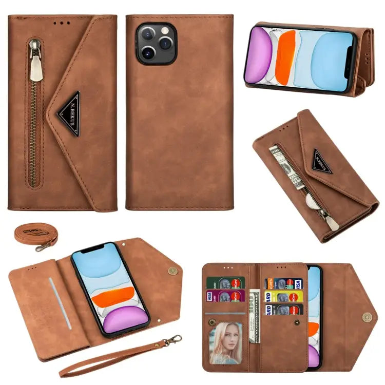 Skin Feel Zipper Horizontal Flip Leather Case with Holder & Card Slots & Photo Frame & Lanyard & Long Rope For iPhone
