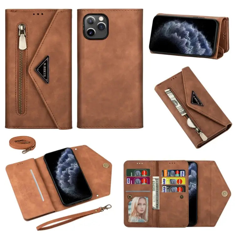 Skin Feel Zipper Horizontal Flip Leather Case with Holder & Card Slots & Photo Frame & Lanyard & Long Rope For iPhone