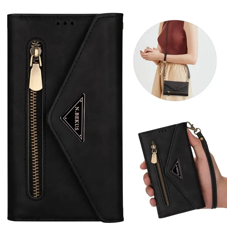 Skin Feel Zipper Horizontal Flip Leather Case with Holder & Card Slots & Photo Frame & Lanyard & Long Rope For iPhone