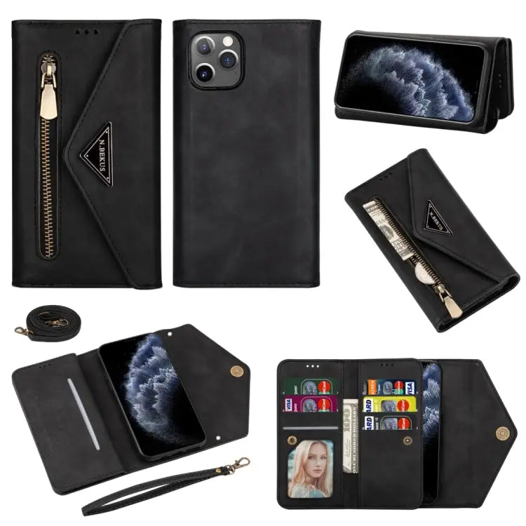 Skin Feel Zipper Horizontal Flip Leather Case with Holder & Card Slots & Photo Frame & Lanyard & Long Rope For iPhone